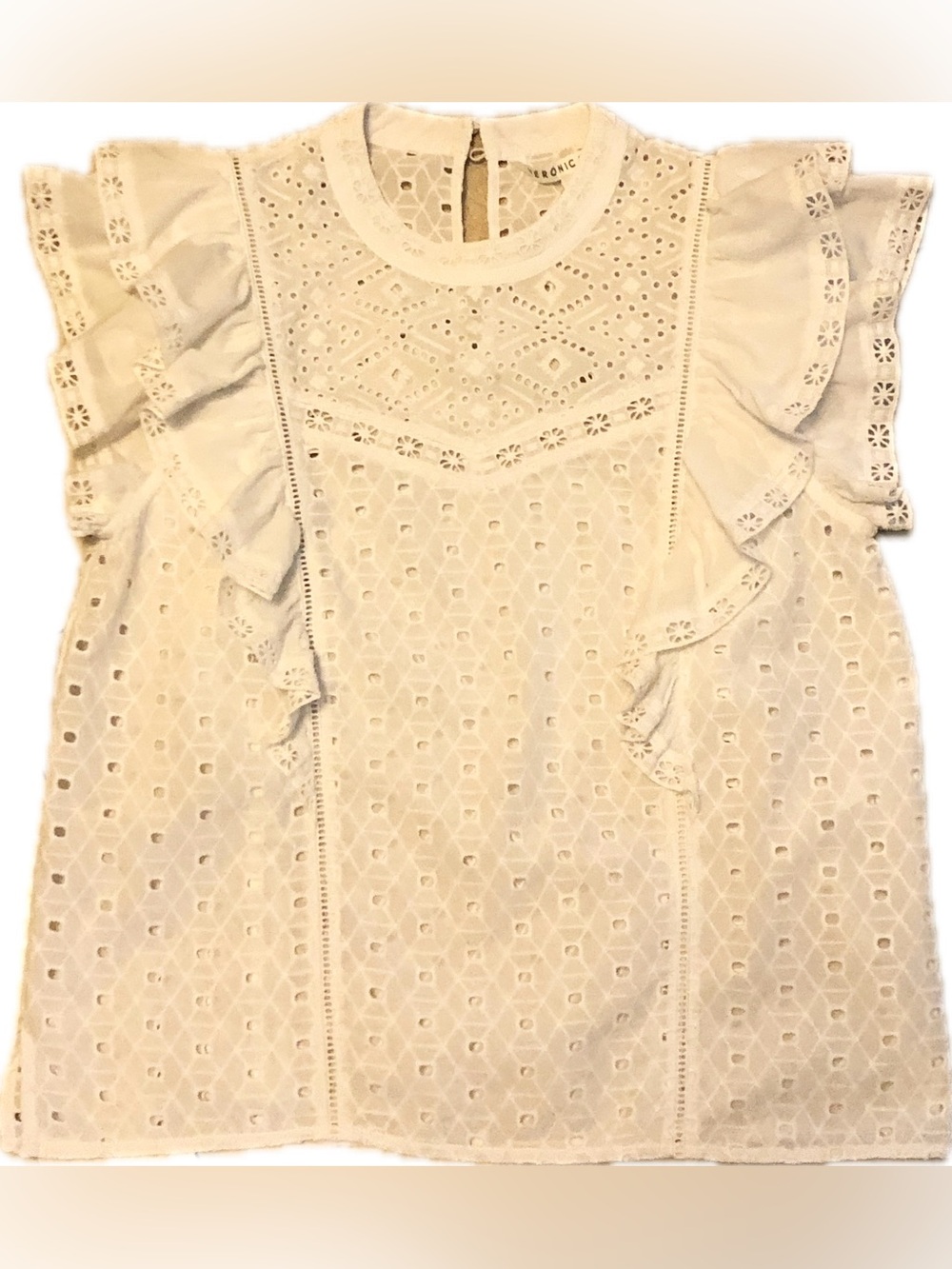 Veronica Beard White Eyelet Ruffle Sleeve Blouse